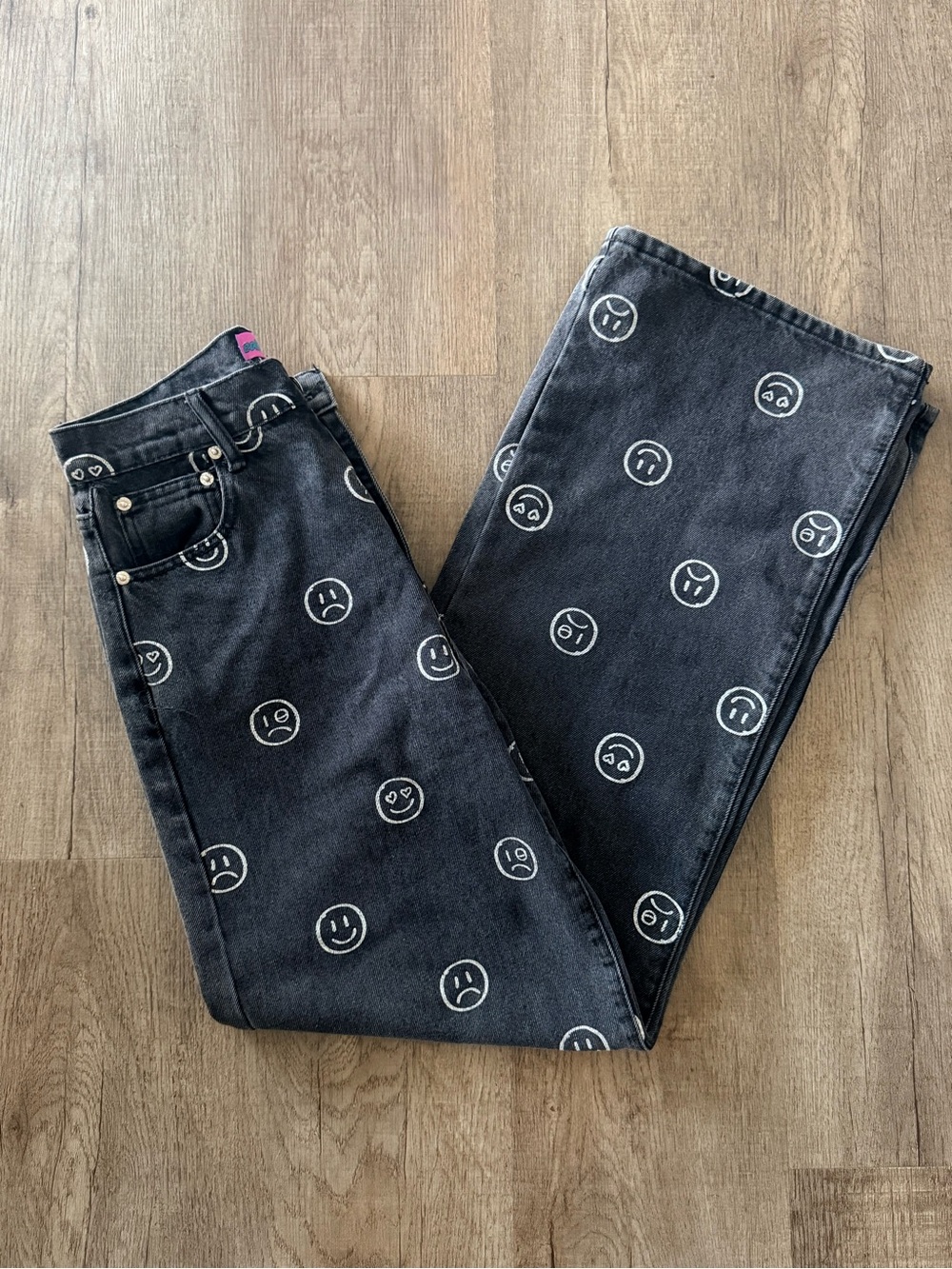 Edikted Black Straight-Leg Jeans with White Smiley Print